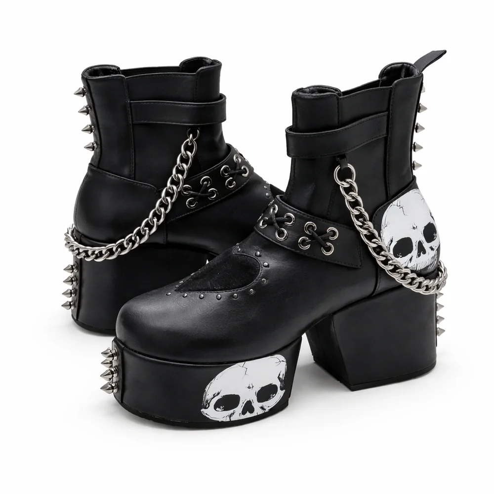Dolls Kill x Lamoda Platform Skull Chain Spike Ankle Boots Vegan Leather Goth